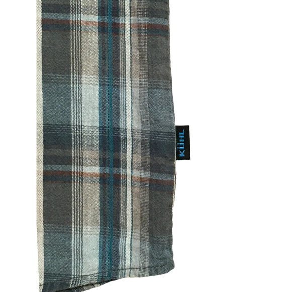 Kuhl Men's Button Front Shirt Blue/Gray Plaid Double Pockets Linen/Cotton L euc - Picture 4 of 5
